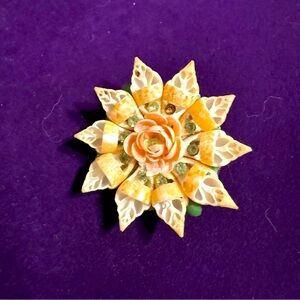 Vintage Seashell Flower Brooch with green bead accents